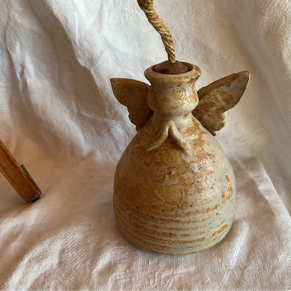 pottery angel oil lamp W/Original wick glazed in earthy brown tones Signed
